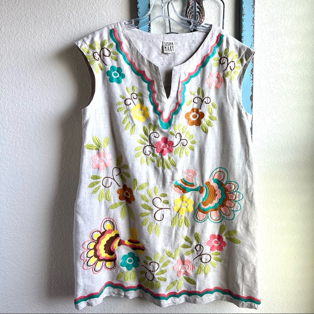 Sister Mary Khaki Linen Embroidered Short Sleeve Dress